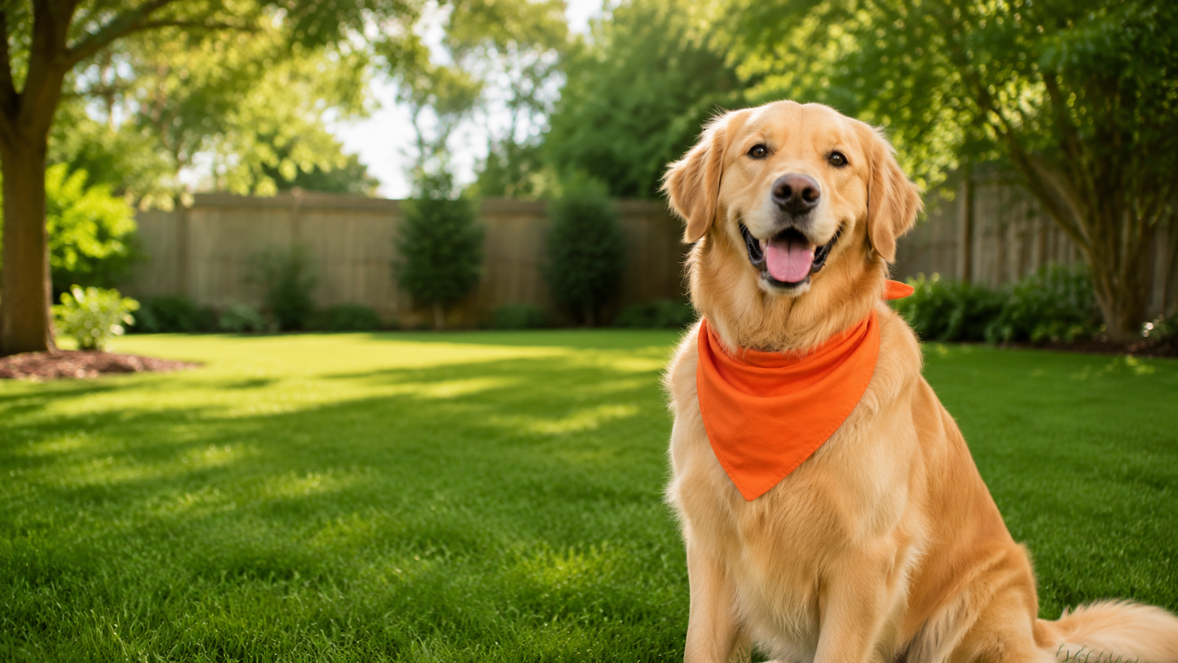 Happy golden retriever in a clean backyard